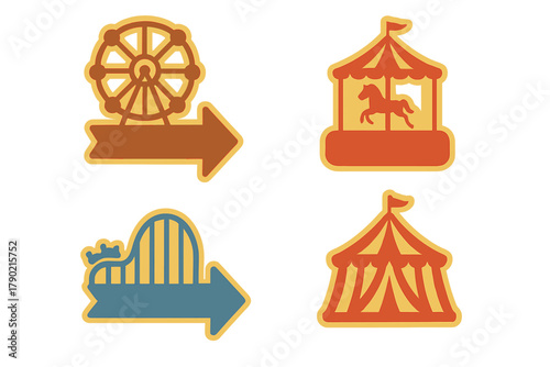 Stylized amusement park icons including Ferris wheel, roller coaster, carousel, and circus tent