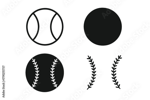 Simple black and white baseball ball outline and stitching pattern