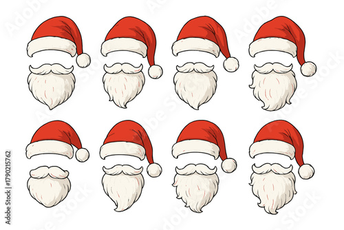Collection of Santa Claus hats and beards variations for Christmas holiday design