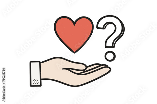 Hand holding a heart symbol next to a large question mark symbolizing love, doubt, and relationship uncertainty