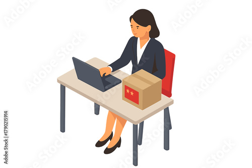 Female professional managing online orders and logistics with laptop and shipping box