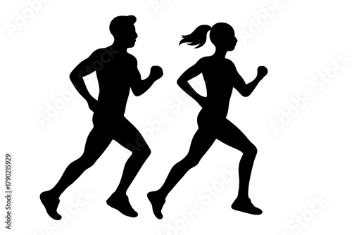 Silhouettes of a man and woman running or jogging together symbolizing fitness and sport