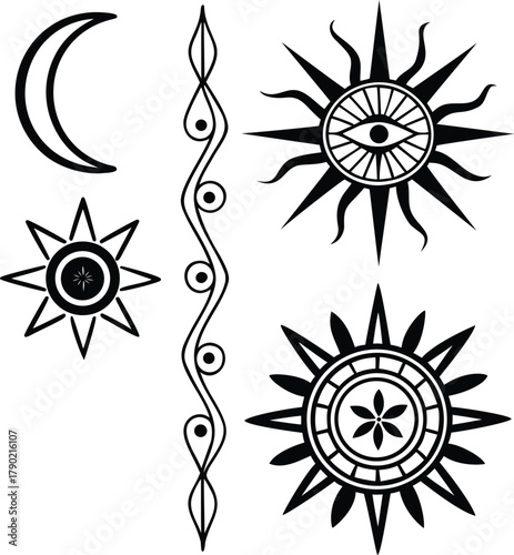 Mystical celestial symbols set of sun, crescent moon, all-seeing eye, and vertical vine border vector illustration for design.