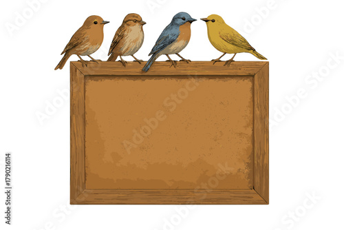 Four colorful songbirds perched on the top edge of a blank wooden framed cork bulletin board