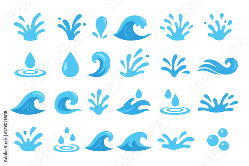Set of graphic icons featuring blue water splashes, drops, waves, ripples, and bubbles