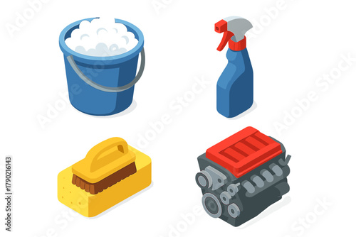 Isometric set of car wash supplies and automotive engine block components