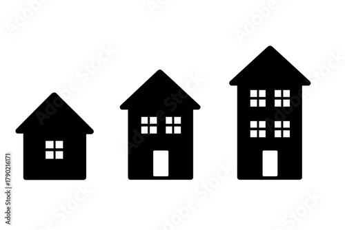 Three black silhouette icons of residential buildings lined up horizontally, showing increasing and height