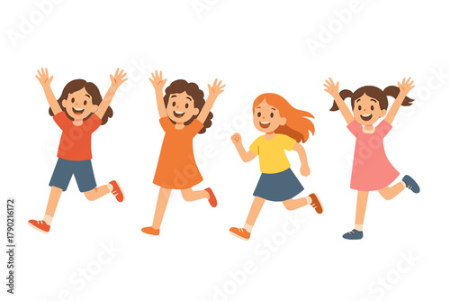 Diverse young girls running and jumping with hands raised high in celebration