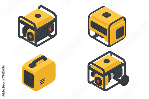Various portable electric power generators in isometric view for backup electricity