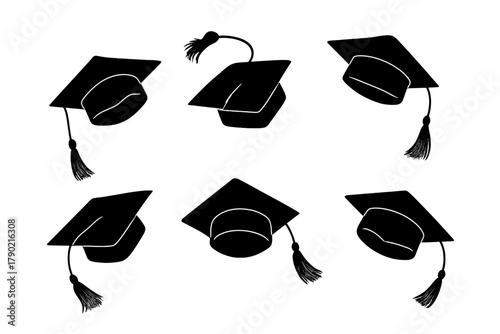 Black silhouettes of graduation caps with tassels scattered on a white background