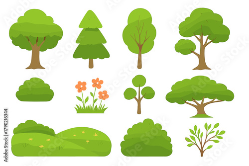 Stylized collection of diverse green trees shrubs flowers and natural landscape elements