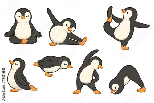 Cute cartoon penguins practicing different yoga poses and stretching exercises