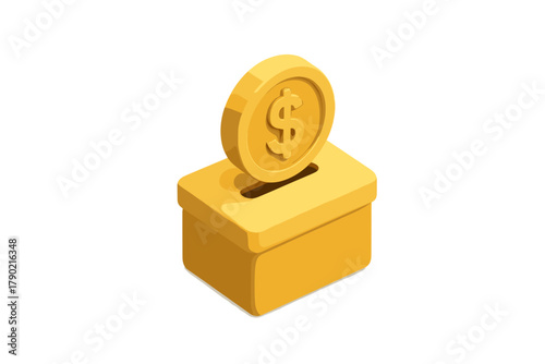 Bright yellow donation box receiving a large gold dollar coin in isometric view