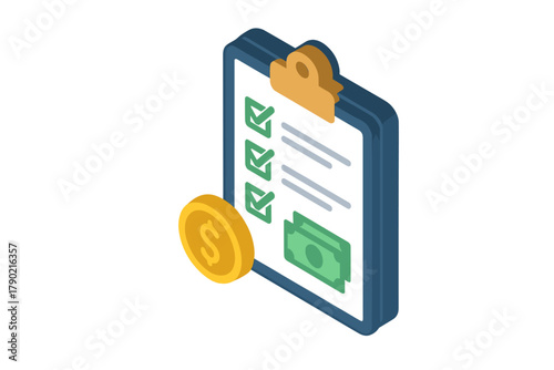 Isometric checklist on clipboard with money and banknotes symbolizing financial planning and success