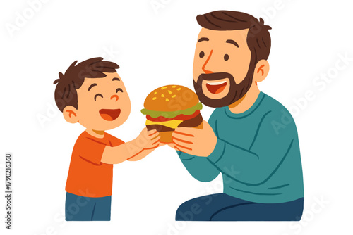 Joyful father and young son holding a large delicious cheeseburger on a white background