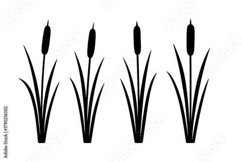 Minimalist black silhouette featuring four groups of cattail plants and reeds