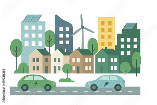Eco-friendly city skyline featuring residential homes, modern buildings, electric vehicles, solar power, and wind energy