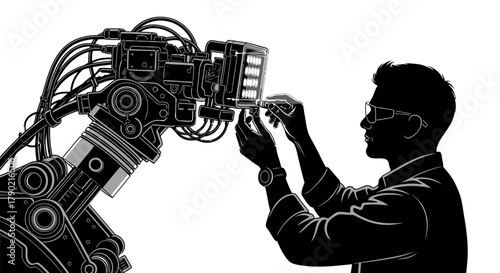 Engineer calibrating robotic arm with precision tools for advanced automation technology in a cutting-edge manufacturing facility with futuristic design