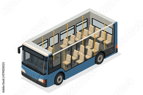 Isometric cross section of a blue public transit bus interior with empty passenger seats and grab bars