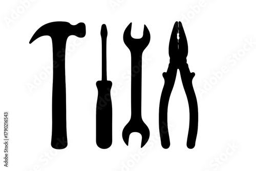Black silhouettes of essential repair tools hammer screwdriver wrench and pliers