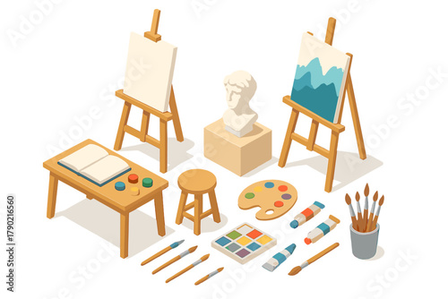 Isometric set of art studio equipment including easels, paint brushes, palette, paints, and classical sculpture bust