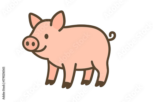 Cute pink piglet character with a curly tail standing isolated on white