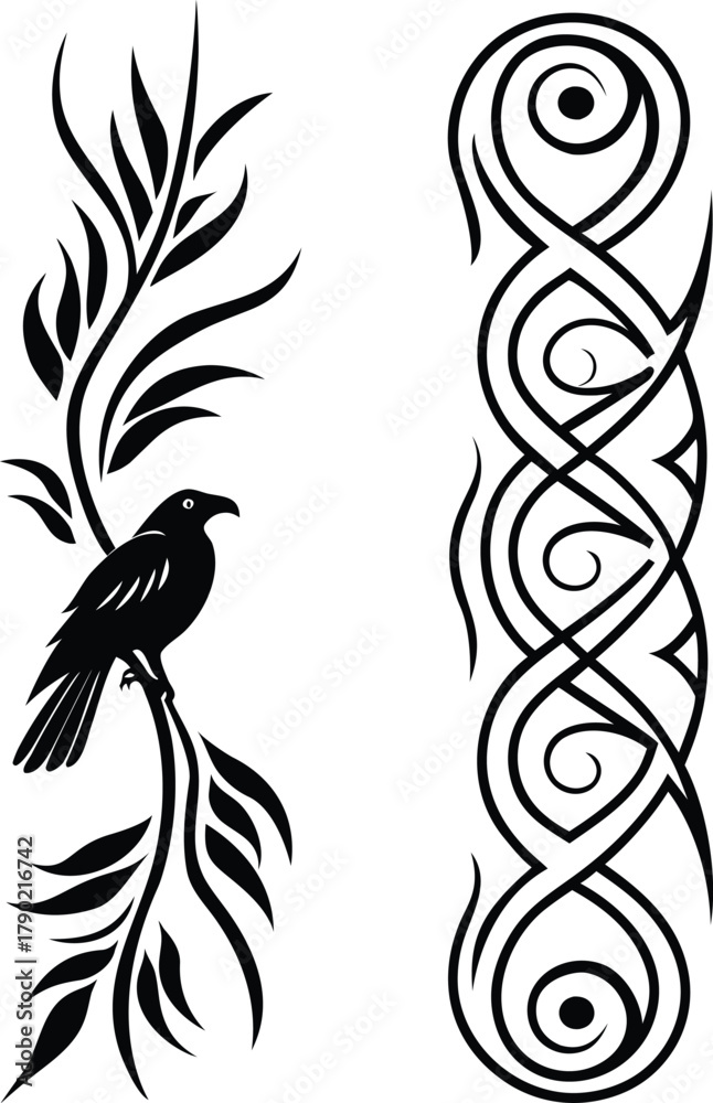 Obraz premium Tribal raven on branch and vertical Celtic knot pattern vector illustration set for leg or arm tattoo and decorative border.