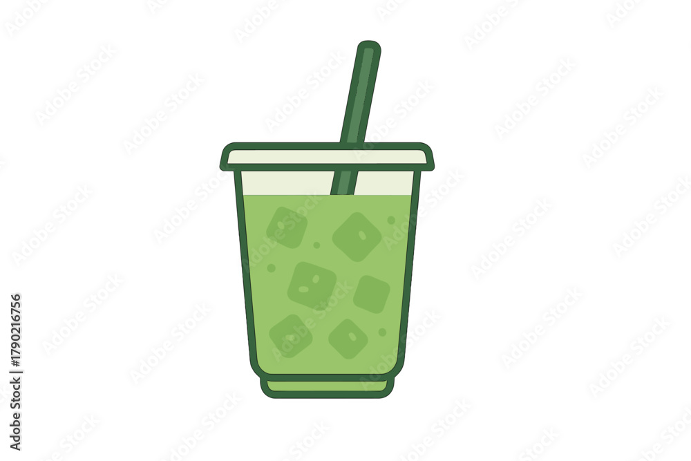 Obraz premium Iced green tea matcha drink in a disposable plastic cup with a straw