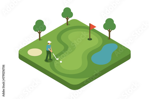 Golf player swinging a club on the putting green of a stylized miniature golf course