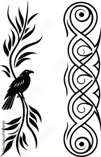 Tribal raven on branch and vertical Celtic knot pattern vector illustration set for leg or arm tattoo and decorative border.