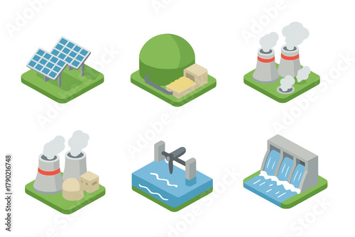 Isometric icons of power generation facilities covering renewable and traditional energy