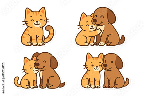 Cute cat and dog friendship showing pets hugging and snuggling together