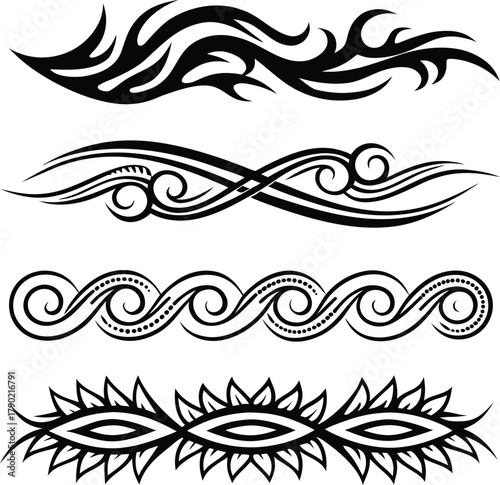 Set of four abstract tribal borders with flame, water wave, and eye patterns vector illustration for armband tattoo and decoration.