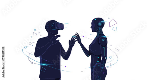 Experience the future now as a man wearing a VR headset interacts with a sleek modern robot in a captivating scene of technology and innovation