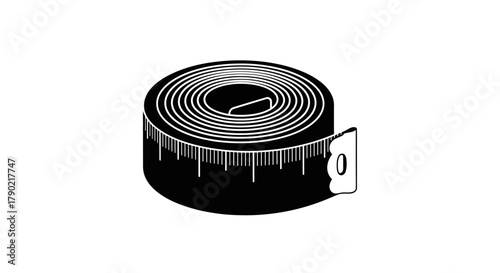 Black and white illustration of a rolled-up measuring tape, showing detailed markings.