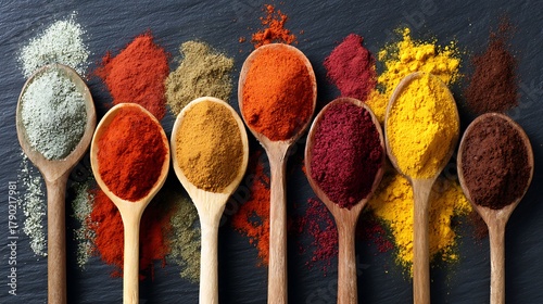 Fototapeta Naklejka Na Ścianę i Meble -  Colorful spice powders in wooden spoon isolated on the black background 