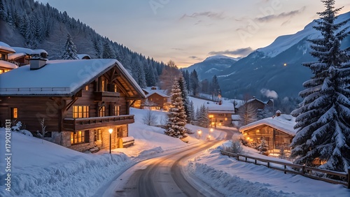 Snowy Winter Mountain Village with Wooden Cabins and Warm Lights at Dusk