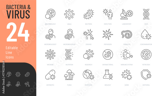 Bacteria and Virus Line Editable Icons set. Vector illustration in modern thin style of science related icons: microbe, virus, bacteria, and more. Isolated on transparent background.