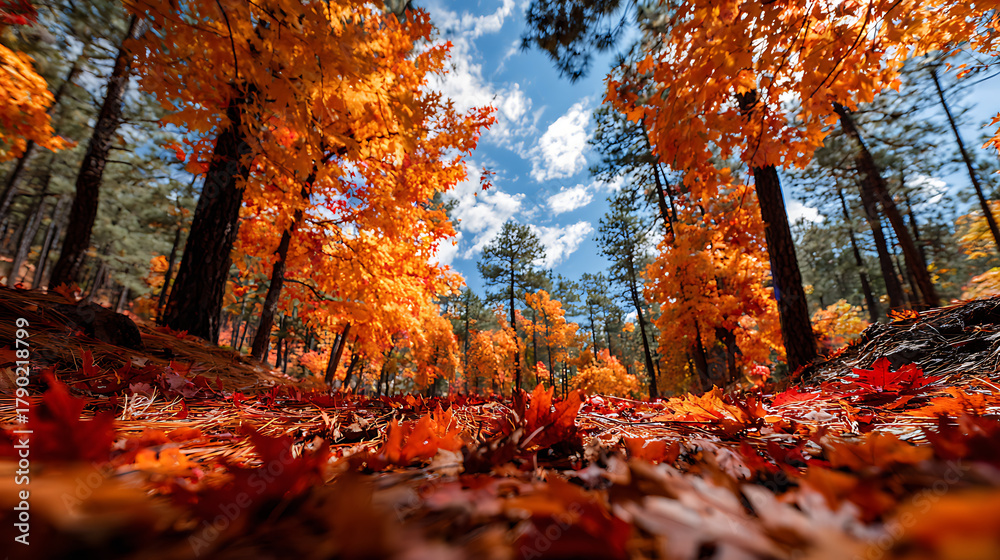 Fototapeta premium Vibrant autumn forest canopy with fallen leaves on ground trees orange