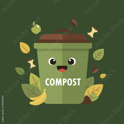 A compost bin with a smiling face and the word "COMPOST" on it, surrounded by food scraps, leaves, and bananas on a green background.