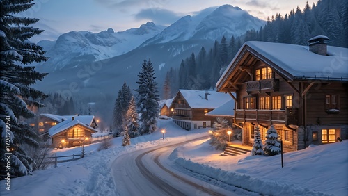 Snowy Winter Mountain Village with Wooden Cabins and Warm Lights at Dusk