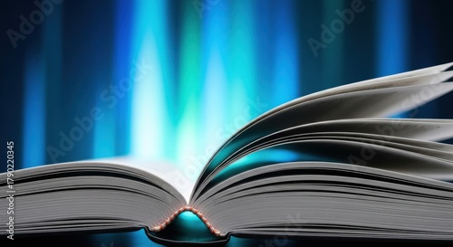Open book with glowing blue and green aurora background