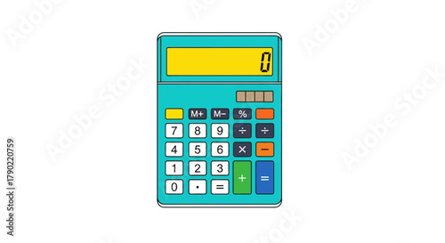 A teal and yellow calculator displaying zero, with number buttons and mathematical symbols.