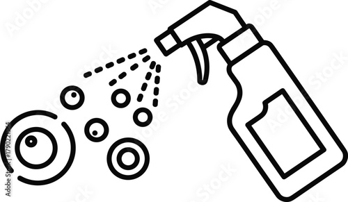 Spray bottle icon, disinfectant droplets, germ removal concept, sanitation line art, hygiene symbol graphic, cad drawing flat vector illustration