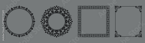 Set of decorative frames Elegant vector element for design in Eastern style, place for text. Floral black and gray borders. Lace illustration for invitations and greeting cards