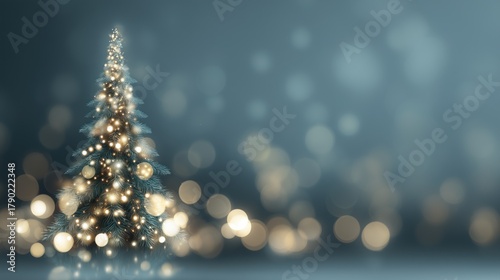 Blue Christmas Tree with Golden Lights and Bokeh Background for Holiday Decor and Greeting Cards