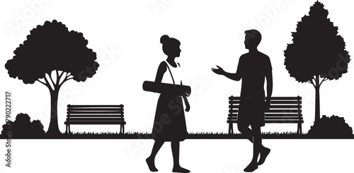 Black silhouette vector of man and woman talking in city park with benches and trees isolated on white background