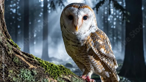 Serene owl forest night with moss and bark, sunlight beams through mist in wild woodland