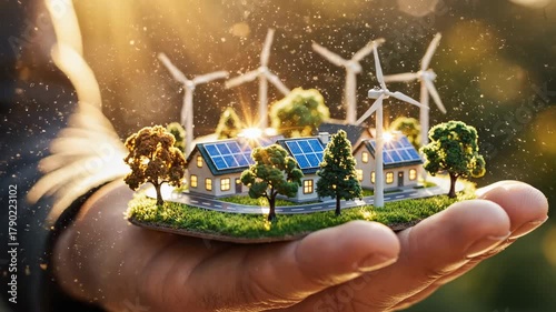 Sustainable energy village renewable power with solar panel wind turbine eco house clean green