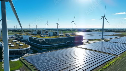 Sustainable energy wind turbine solar panel eco architecture green roof clean power across modern